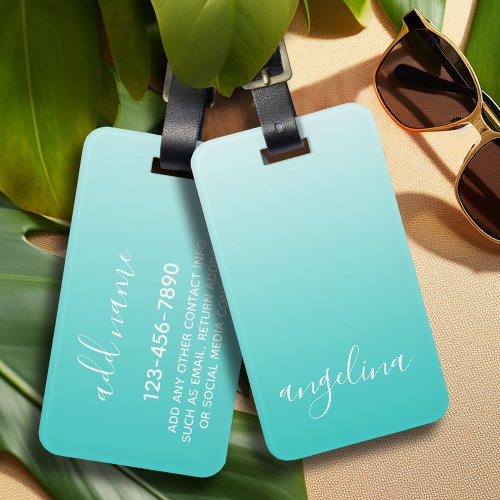 Teal Ombre Custom Handwritten Name CAN EDIT COLOR Luggage Tag