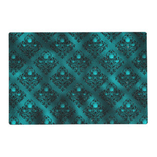 Teal Ombre Glam Glitter Damask Pattern Placemat