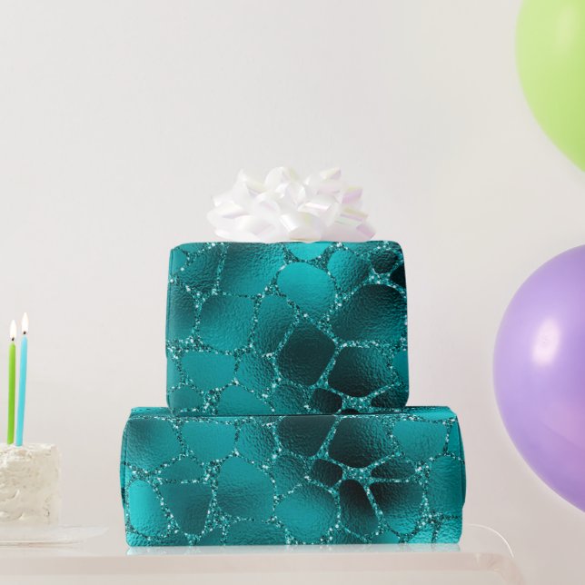 Teal Ombre Glam Glitter Giraffe Spots Pattern Wrapping Paper (Party Gifts)