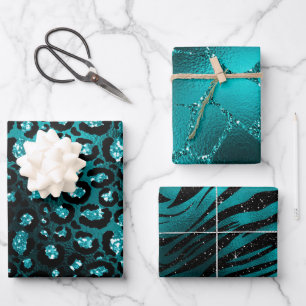 Teal Ombre Glam Glitter Jungle Animal Print Wrapping Paper Sheets