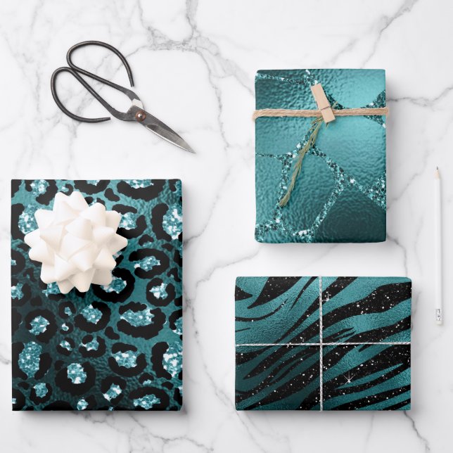 Teal Ombre Glam Glitter Jungle Animal Print Wrapping Paper Sheets (Front)