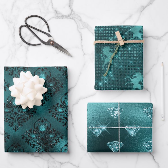 Teal Ombre Glam Glitter Patterns Wrapping Paper Sheets (Front)