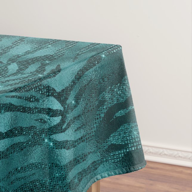 Teal Ombre Glam Glitter Tiger Stripes Pattern Tablecloth (In Situ)