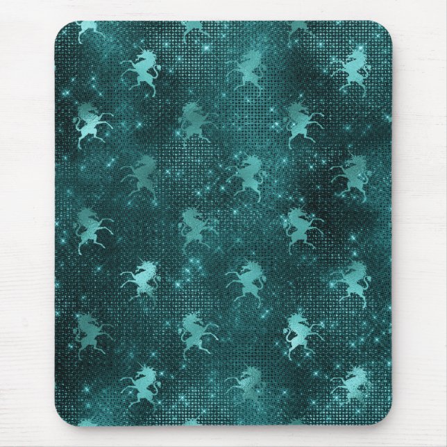 Teal Ombre Glam Glitter Unicorns Pattern Mouse Pad (Front)