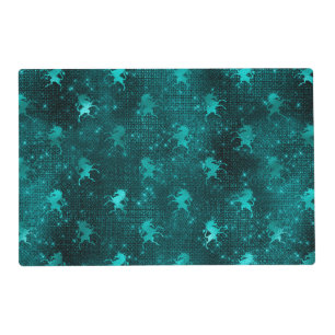 Teal Ombre Glam Glitter Unicorns Pattern Placemat