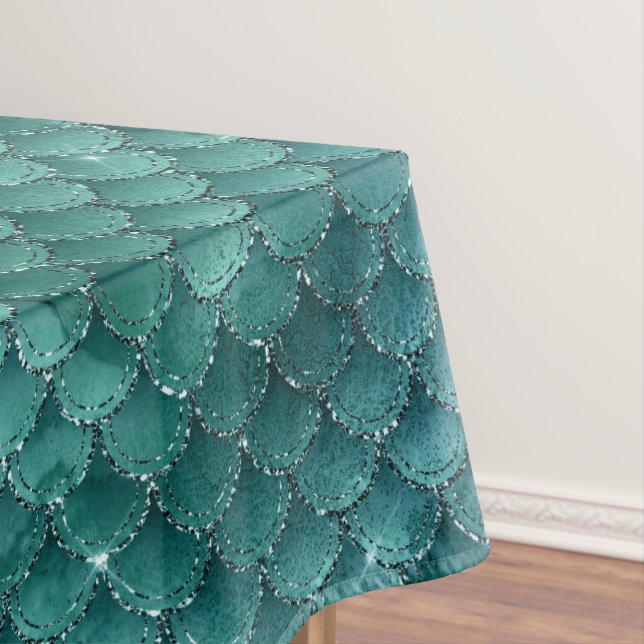 Teal Ombre Glam Mermaid Scales Pattern Tablecloth (In Situ)