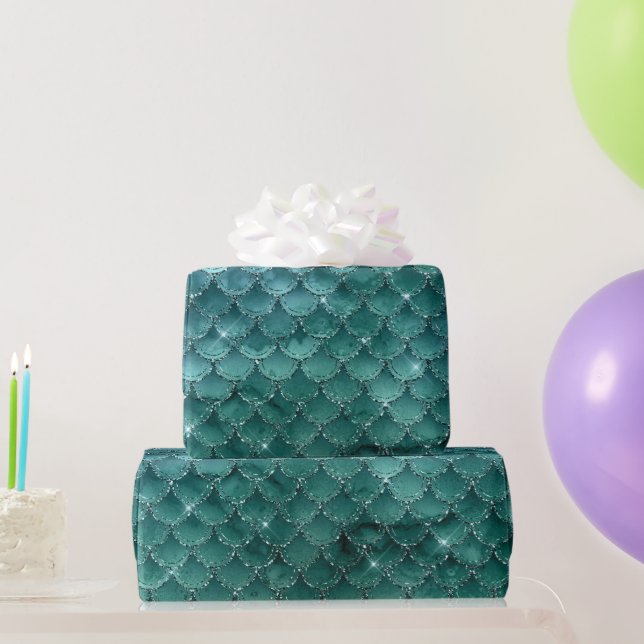 Teal Ombre Glam Mermaid Scales Pattern Wrapping Paper (Party Gifts)