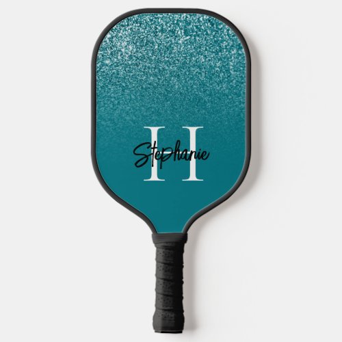 Teal Ombre Glitter Monogram Pickleball Paddle