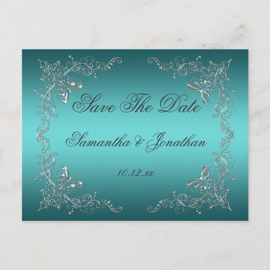 Teal Ombre Ornate Silver Swirls Save The Date Announcement Postcard