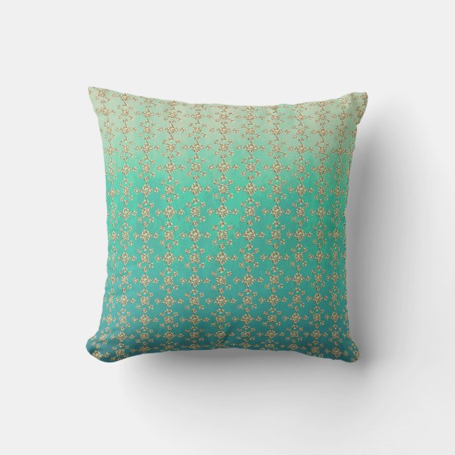 Teal Ombre Pattern and Geometric Tile Throw Pillow (Front)