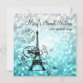 Teal Ombre Sweet Sixteen Romantic Paris Glam Invitation (Back)