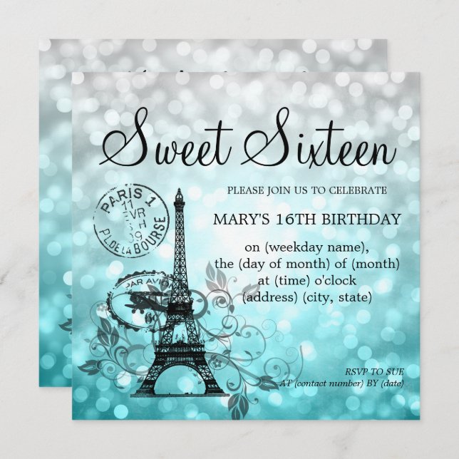 Teal Ombre Sweet Sixteen Romantic Paris Glam Invitation (Front/Back)