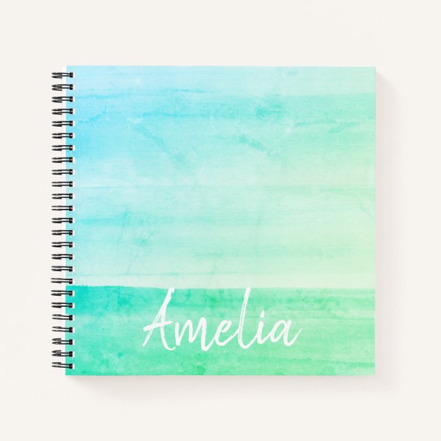 Teal Ombre Watercolor Personalized Notebook (Front)