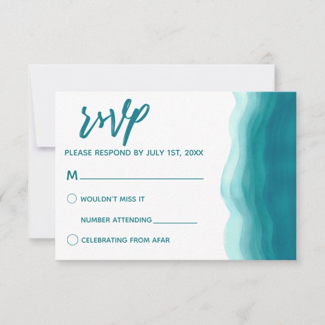 Teal Ombre Watercolor Wave Modern RSVP Card (Front)