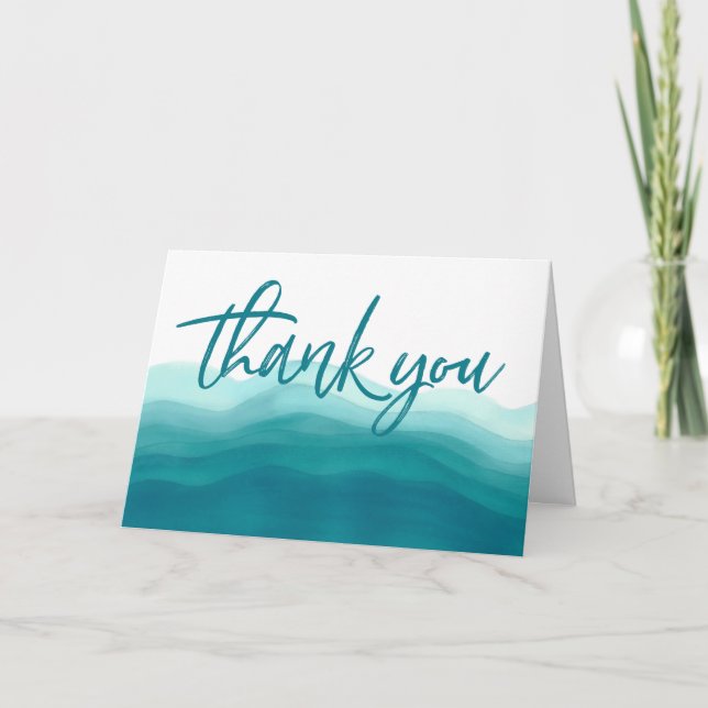 Teal Ombre Watercolor Wave Wedding | Thank You Card (Front)
