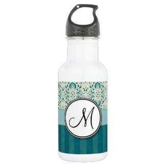 Teal on Cream Damask with Stripes and Monogram Water Bottle