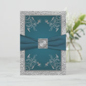 Teal on FAUX Pewter Monogram Wedding Invite (Standing Front)