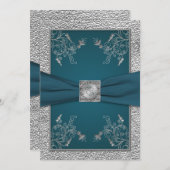Teal on FAUX Pewter Monogram Wedding Invite (Front/Back)
