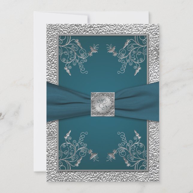 Teal on FAUX Pewter Monogram Wedding Invite (Front)