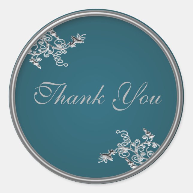 Teal on Pewter 1.5" Round Thank You Sticker (Front)