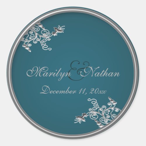 Teal on Pewter Monogrammed 15 Round Sticker