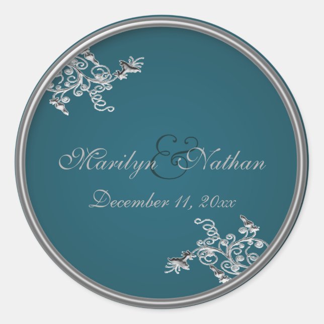 Teal on Pewter Monogrammed 1.5" Round Sticker (Front)