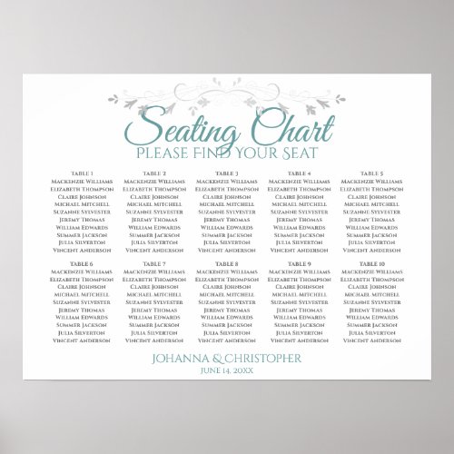 Teal on White 10 Table Wedding Seating Chart