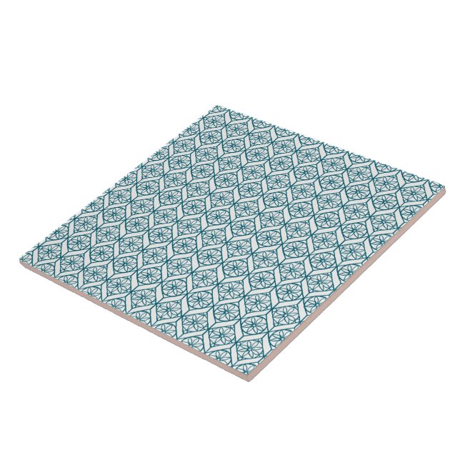 Teal on White Ethnic Pattern, Flowers, Chevrons Ceramic Tile (Side)