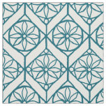 Teal on White Ethnic Pattern, Flowers, Chevrons Fabric