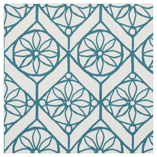 Teal on White Ethnic Pattern, Flowers, Chevrons Fabric
