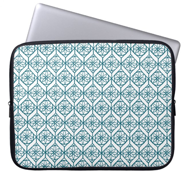 Teal on White Ethnic Pattern, Flowers, Chevrons Laptop Sleeve (Front)