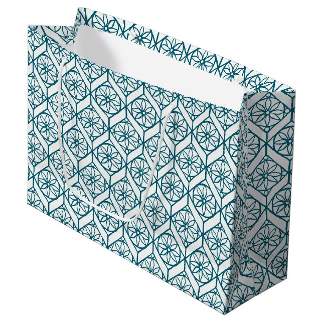 Teal on White Ethnic Pattern, Flowers, Chevrons Large Gift Bag (Front Angled)