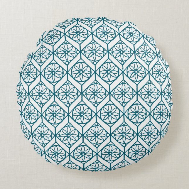Teal on White Ethnic Pattern, Flowers, Chevrons Round Pillow (Front)