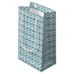 Teal on White Ethnic Pattern, Flowers, Chevrons Small Gift Bag