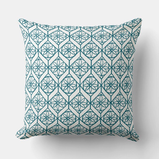Teal on White Ethnic Pattern, Flowers, Chevrons Throw Pillow (Front)