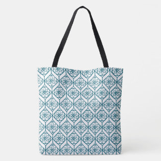 Teal on White Ethnic Pattern, Flowers, Chevrons Tote Bag