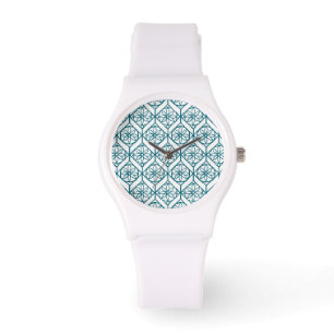 Teal on White Ethnic Pattern, Flowers, Chevrons Watch