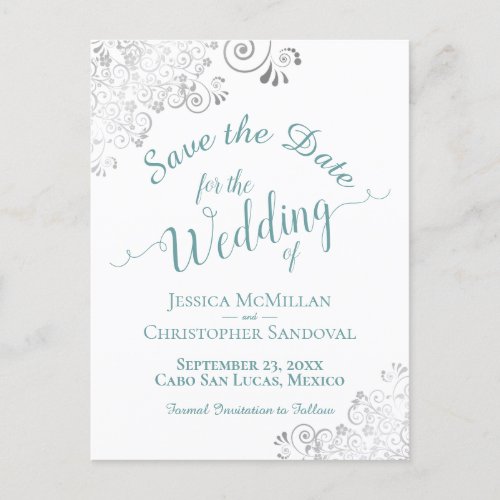 Teal on White Lacy Silver Wedding Save the Date Announcement Postcard