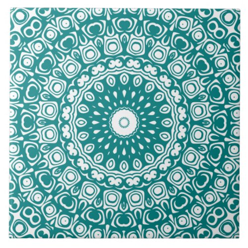 Teal on White Mandala Kaleidoscope Medallion Ceramic Tile