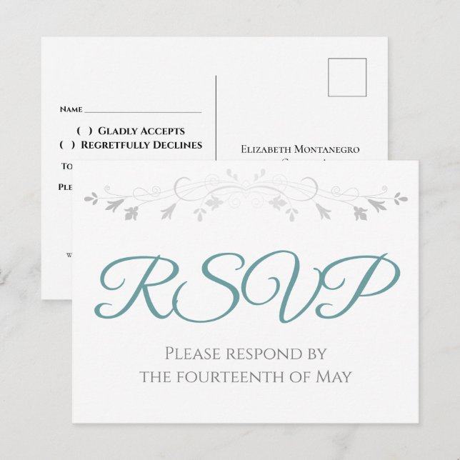 Teal on White Simple Elegant Wedding RSVP Postcard (Front/Back)