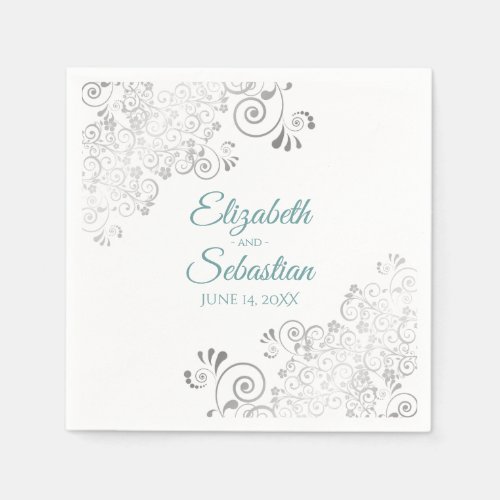 Teal on White with Silver Frills Elegant Wedding Napkins