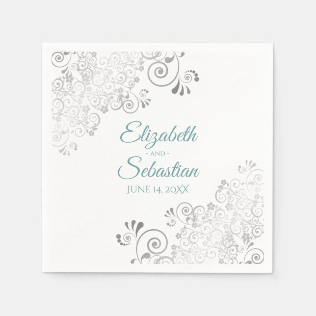 Teal on White with Silver Frills Elegant Wedding Napkins (Front)