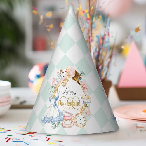 Teal Onederland first birthday Alice tea party Party Hat