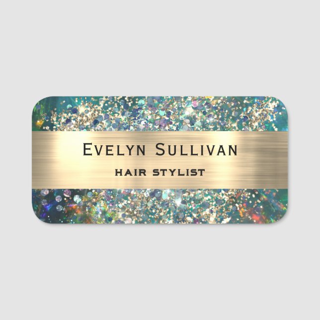 Teal Opal Faux Gold Foil Glitter Name Tag (Front)