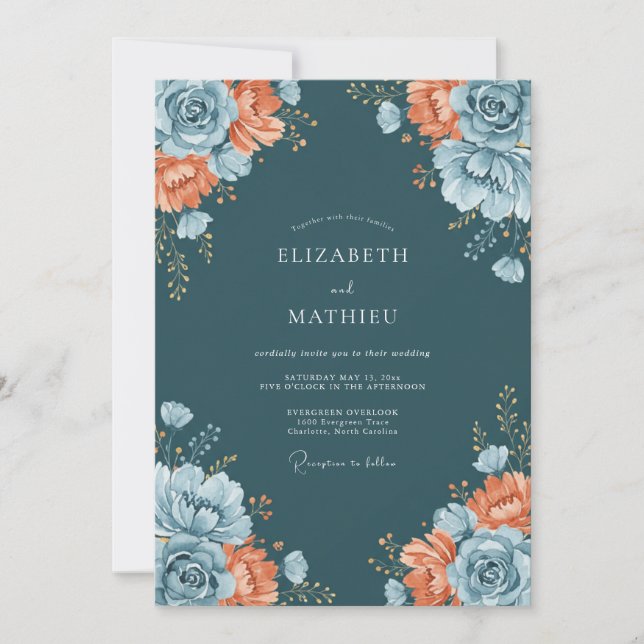Teal Opulent Floral Romance Wedding Invitation (Front)