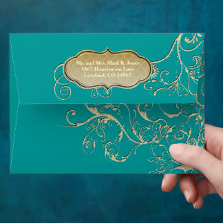 Teal or any Color Gold Swirl Wedding Envelope