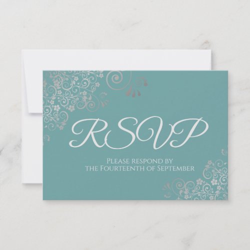 Teal or Turquoise Elegant Silver Lace Wedding RSVP Card