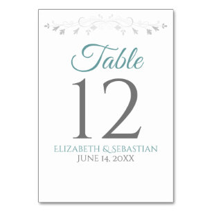 Teal or Turquoise & Gray Simple Elegant Wedding Table Number