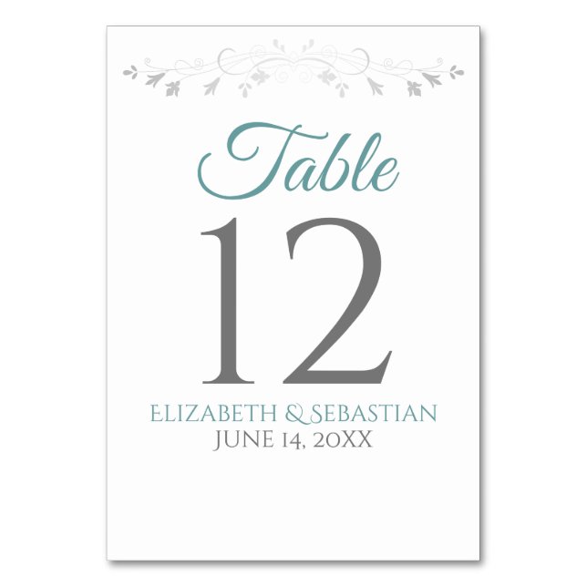 Teal or Turquoise & Gray Simple Elegant Wedding Table Number (Front)