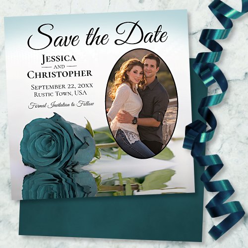 Teal or Turquoise Rose with Oval Photo Wedding Save The Date